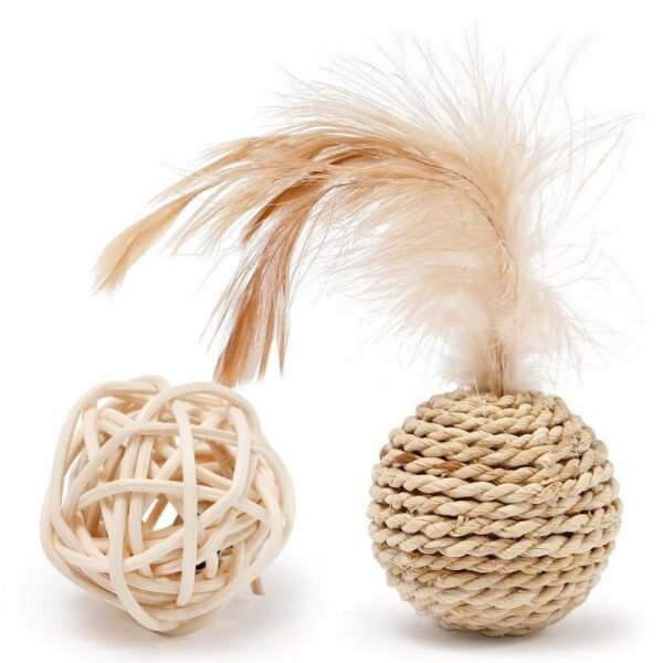 Handcrafted Rattan Ball and Feather Cat Toys - 2 Piece Set with Bell for Interactive Play