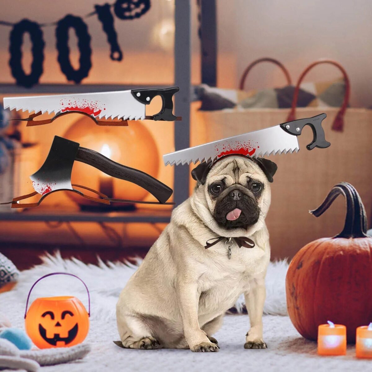Spooky Halloween Pet Accessories: Axe & Saw Headgear - Image 5