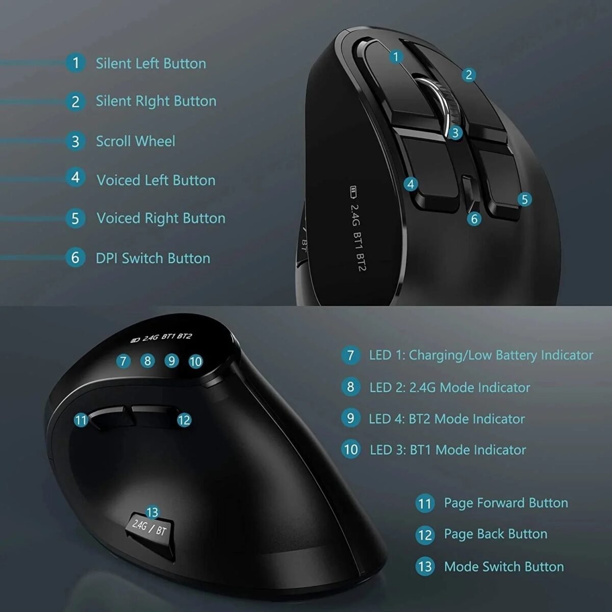 Multi-Device Ergonomic Vertical Wireless Mouse with Bluetooth & Rechargeable Battery - Image 5