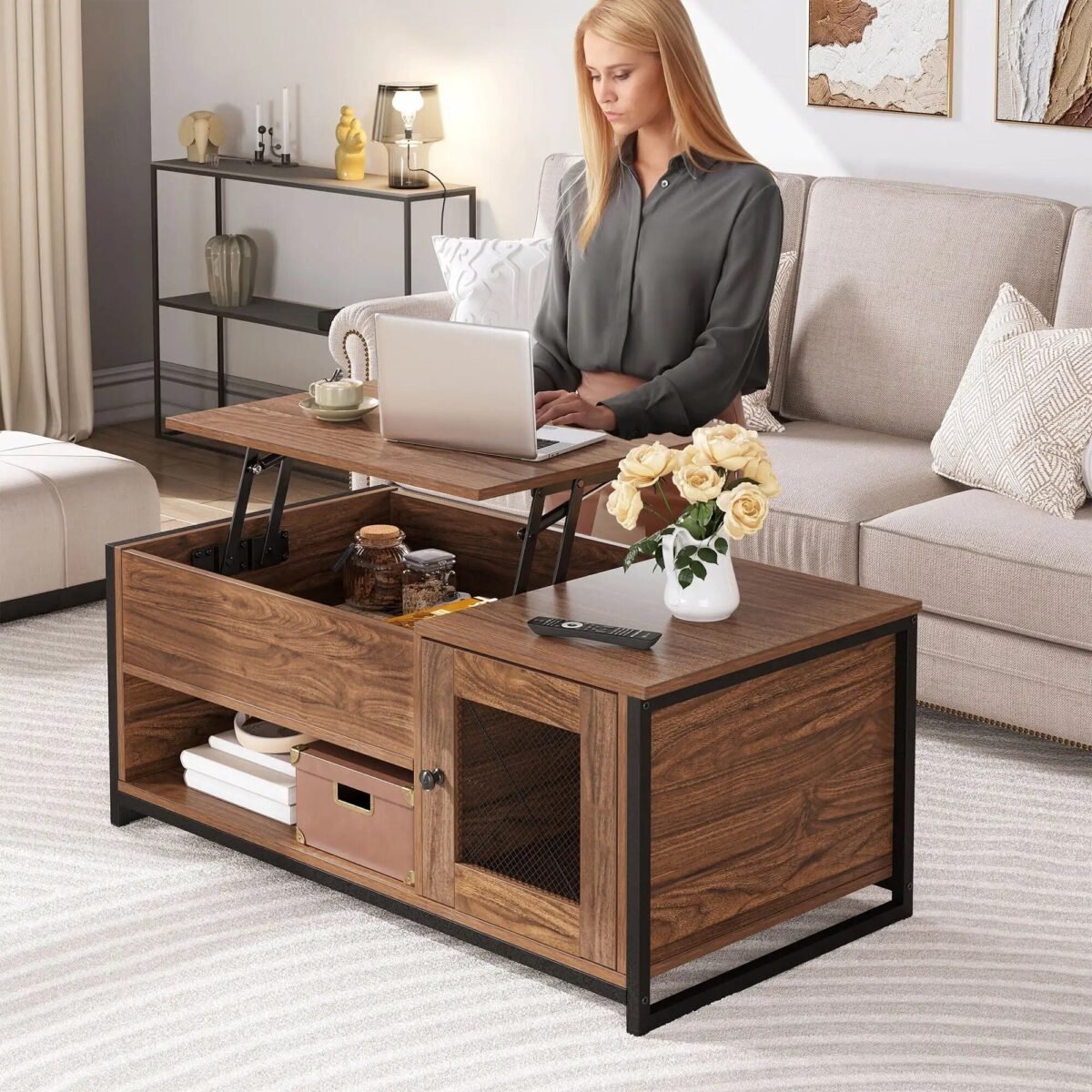 Modern Morocco Lift-Top Coffee Table with Hidden Storage, Brown - Image 4