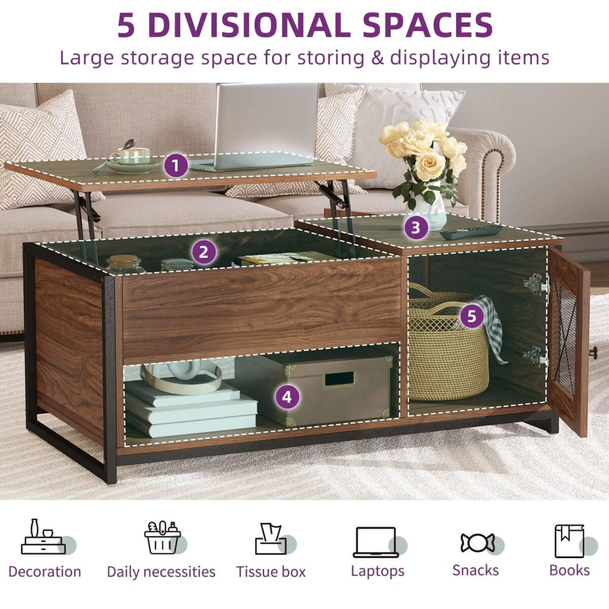 Modern Morocco Lift-Top Coffee Table with Hidden Storage, Brown - Image 6