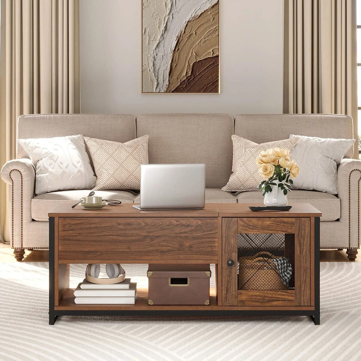 Modern Morocco Lift-Top Coffee Table with Hidden Storage, Brown - Image 5