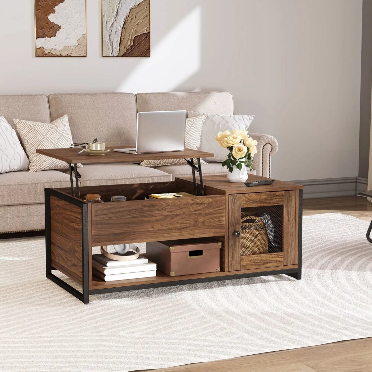 Modern Morocco Lift-Top Coffee Table with Hidden Storage, Brown - Image 3