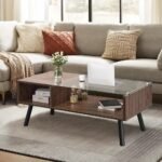 Modern 2-Tier Walnut Coffee Table with Glass Top and Storage - Image 2