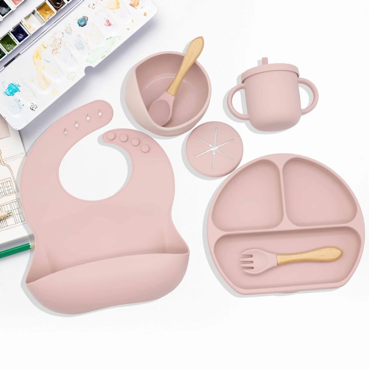 Safe & Easy Baby Feeding Set - Silicone Suction Bowl, Plate, Bibs, Utensils & Cup - Image 6